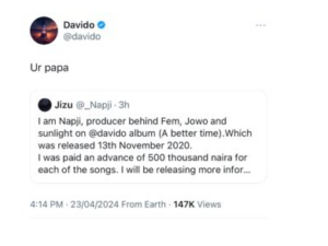 Davido Reacts As Music Proudcer Calls Him Out For Unpaid Royalties